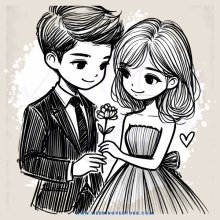 couple standing together with flowers and dresses