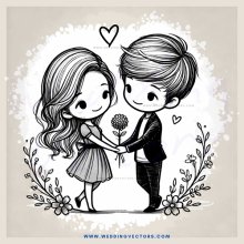 a couple holding hands and flowers in black and white illustration