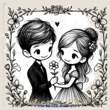 a cartoon picture of a boy and girl holding flowers