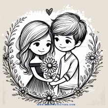 a boy and girl embracing each other with a flower