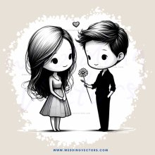 cartoon man and woman holding flower