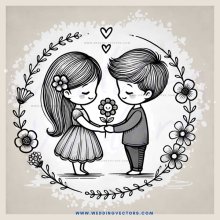 a cartoon couple embrace in a flowers wreath