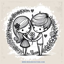 a couple embracing in an oval frame with flowers and heart symbols