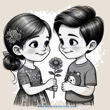 two kids holding flowers and stuffed animals