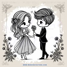 a boy and girl standing side by side with flowers in their hands
