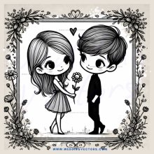 boy and girl standing side by side with flowers between them