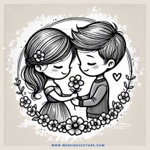 a boy and girl holding hands and flowers