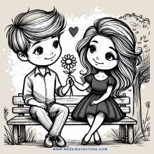 a boy and girl sitting on a bench with flowers