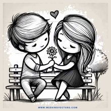 a boy and girl sitting on a bench with flowers