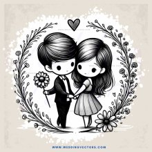 a couple standing in an outlined flower decoration