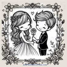 a young couple posing together with flowers and hearts