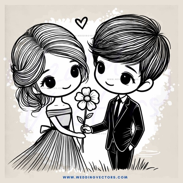 wedding flower girl and groom in black & white cartoon style drawing