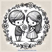 a boy and girl holding flowers in an ornate circle