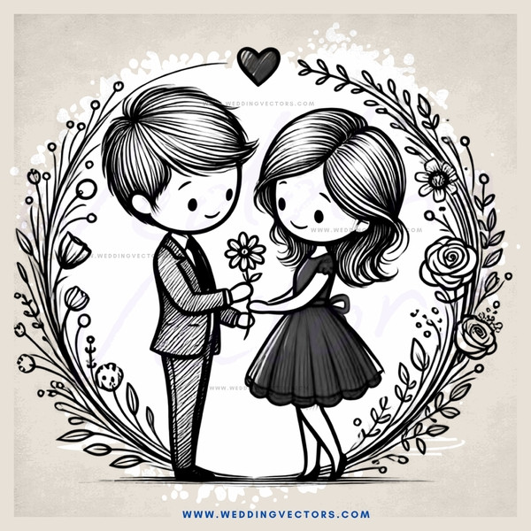 a man and woman holding hands surrounded by flowers