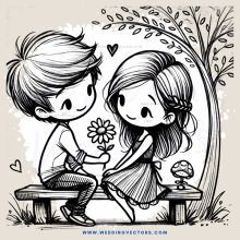 a boy and girl sitting on benches holding flowers