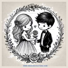a boy and girl holding hands with flowers