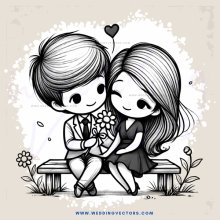 a couple sitting on a bench with flowers and hearts