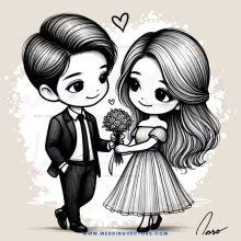 a boy and girl holding hands and flowers