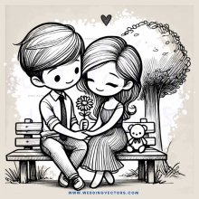 couple sitting on bench with teddy bear and tree
