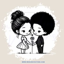 a black and white cartoon of two people holding flower petals