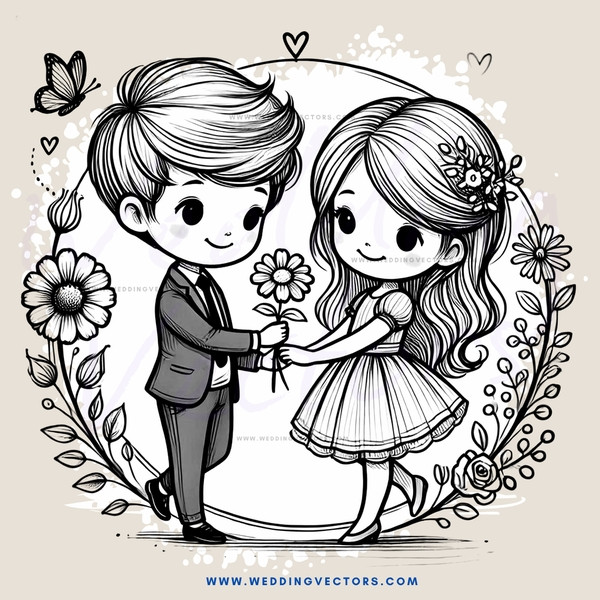 a boy and girl holding flowers