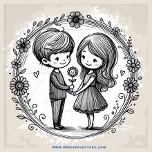 a boy and girl holding hands inside a circle with flowers