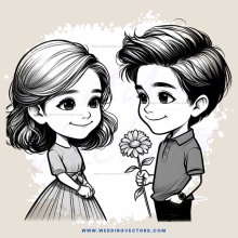 two cartoon characters shake hands and smile, one with flowers