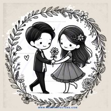 a couple holding hands and flowers in an illustration