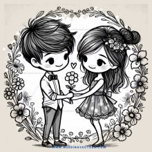 cartoon couple flower bouquet