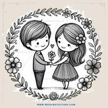 a boy and girl holding flowers within an ivy wreath