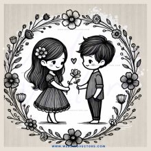 a boy and girl holding hands in an illustrated flower ring
