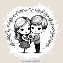 a couple hugging inside a wreath with flowers