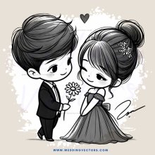 cartoon couple holding a flower and posing for picture