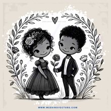 a boy and girl standing with flowers around them