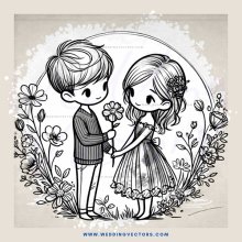 a boy and girl standing in front of flowers