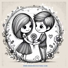 cartoon couple holding flower and smiling
