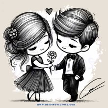 boy and girl holding flower, signed by a