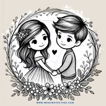 a couple in an oval frame with flowers and leaves