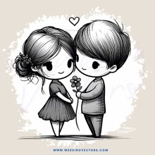 two children holding flowers and looking at each other