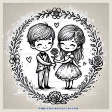 a boy and girl holding hands inside a circle with flowers