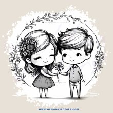 two people hugging and holding flowers in black and white illustration