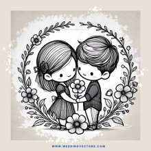 a couple holding flowers and surrounded by leaves