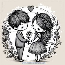 a boy and girl in wedding attire stand together with flowers