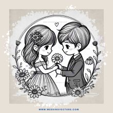 a boy and girl holding flowers in their hands