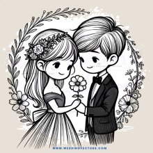 a black and white illustration of a boy and girl holding each other with flowers