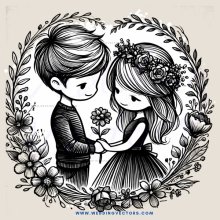 two people with flowers and leaves around them