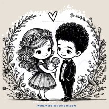 a boy and girl holding hands with flowers on their heads