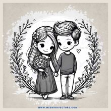 a couple's portrait with flowers and leaves behind them