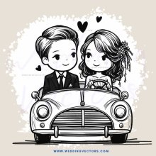 a couple in a car with hearts flying around
