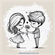 cartoon boy and girl standing together with flower
